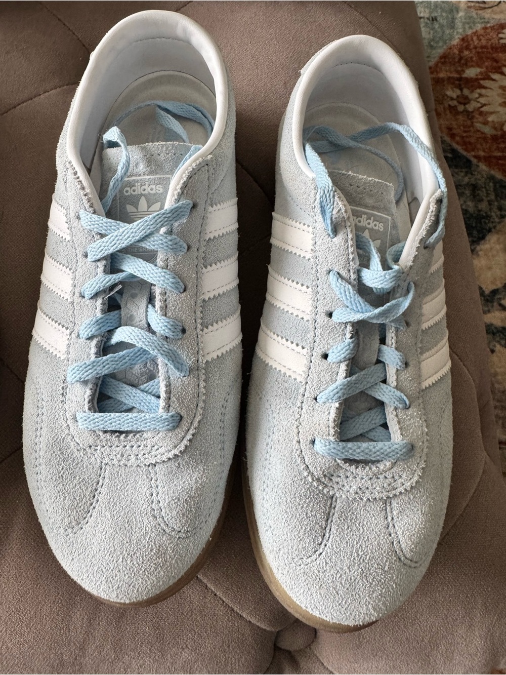 adidas Gazelle Womenâs Light Gray Suede Sneakers with Light Blue Laces